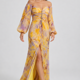 NOMU | Women's Off Shoulder Maxi Dress – Ruched Long Sleeve Split Hem Design
